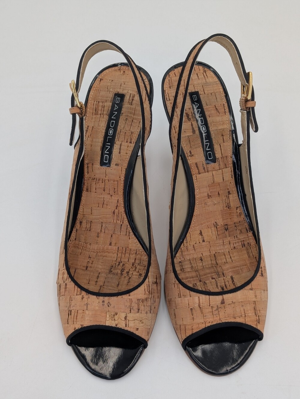 Bandolino Bardeco Size 8.5 Natural Cork Black Trim Gold Buckle Peep-Toe Stiletto - Picture 10 of 17
